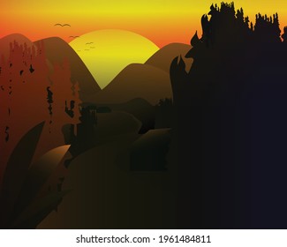  landscape in the afternoon view. forest village vector illustration