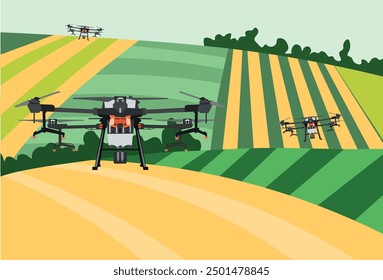 Landscape agricultural land. Aerial mapping for modern farms. Flying drones over the farm industry. Technology innovation concept