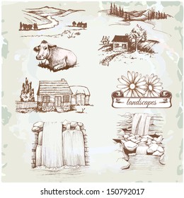 landscape, agriculture, farming, sketch drawing