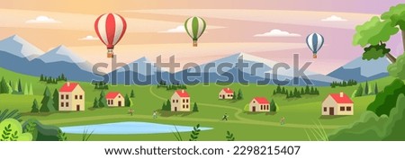 Landscape with air balloons. People in village and houses near lake. Rural landscape and panorama. Travel, journey and adventure. People walking on district. Cartoon flat vector illustration Foto stock © 