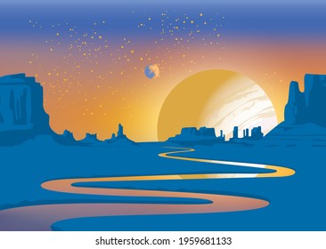 A landscape of an alien planet with a deserted valley, a winding river, rocks and a view of two planets in the sky. Colored vector illustration of a lifeless scenery. Fantastic space background