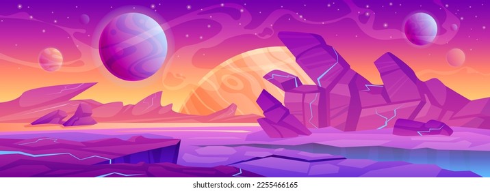 Landscape of alien planet vector illustration. Cartoon fantasy cosmic background with fantastic desert rocks and mountain on surface, purple dry ground with cracks, extraterrestrial neon atmosphere