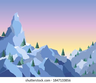 Landscape alpen mountain range in the morning with blue dawn sky, wallpaper created in the format of vector graphics 