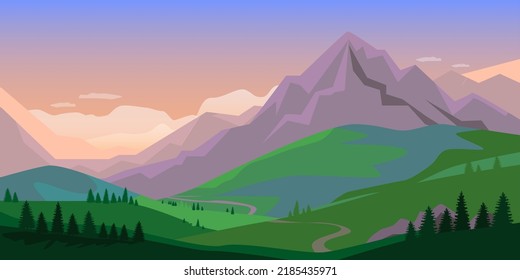 Landscape in the Alps with fresh green meadows and trees, fields and mountain tops in the background. Cartoon vector illustration. Flat design