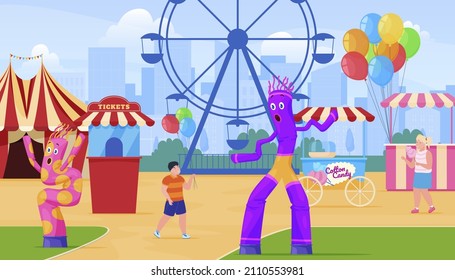 Landscape of amusement park with children and carousels vector flat illustration. Outdoor fun fair with inflatable tube man, circus tent, ferris wheel, candy cotton and ice cream stall. Child leisure