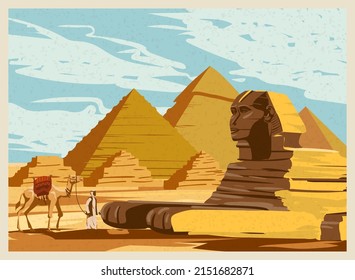 Landscape Ancient Sphinx, Egypt Pharaoh Pyramids. Travel to Egypt Country, Sahara desert. Retro card illustration vector