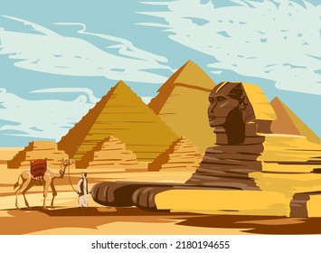 Landscape Ancient Sphinx, Egypt Pharaoh Pyramids. Travel to Egypt Country, Sahara desert. Retro card illustration vector