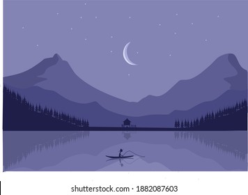 landscape of an angler on his boat in the middle of a lake at night