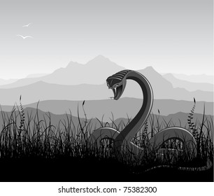 Landscape with angry snake, grass and mountains. Black-and-white vector illustration.