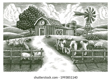 Paisaje de la mano de la granja de animales dibujar estilo de grabado vintage imagen de clip en blanco y negro aislada en fondo blanco