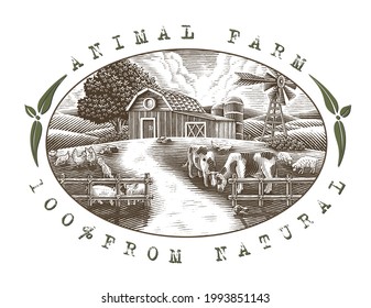 Landscape of animal farm logo hand draw vintage engraving style black and white clip art isolated on white background