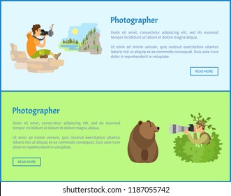 Landscape and animal photographers web banners. Man on rock or guy in bush shooting bear with powerful zoom cameras cartoon vector illustrations.