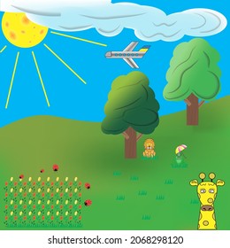Landscape with animals in nature on a green-blue background