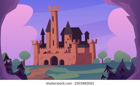 Paisaje del reino antiguo en la ilustración plana de Vector forestal. Camino al castillo de la fortaleza del rey de cuento de hadas, mansión. Castillo medieval de dibujos animados. Edificio del palacio de piedra de Antiguas con la torre del castillo