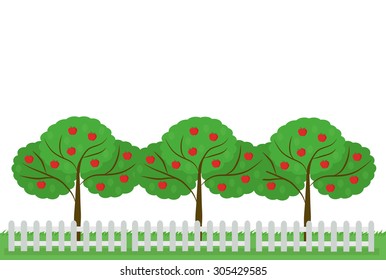Landscape Apple garden with white background. Vector illustration