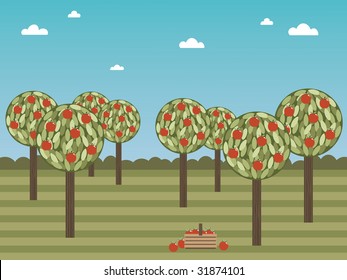 landscape with apple trees and basket of apples