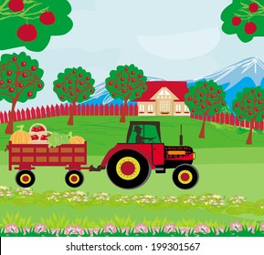 landscape with apple trees and man driving a tractor with a trailer full of vegetables 