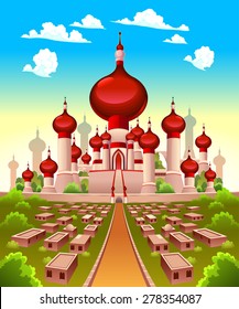 Landscape With Arabian Castle. Vector Cartoon Illustration