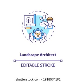 Landscape Architect Concept Icon. Urban Planning. Residence Area Construction. Civil Engineering Idea Thin Line Illustration. Vector Isolated Outline RGB Color Drawing. Editable Stroke