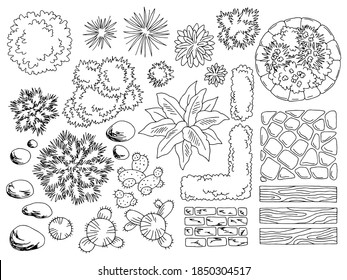 Landscape architect design element set graphic. Black white top view sketches. Aerial view isolated illustration, vector.