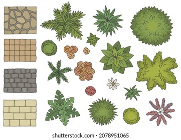 Landscape architect design element set graphic color top sketch aerial view isolated illustration vector 