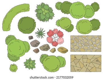 Landscape architect design element set graphic color top sketch aerial view isolated illustration vector 