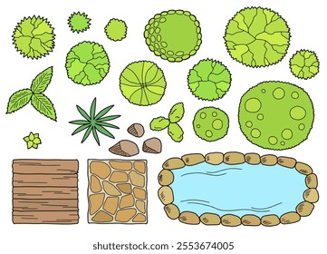 Landscape architect design set graphic color top sketch aerial view isolated illustration vector 
