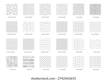 Landscape Architecture CAD Hatch Pattern Set Grass, Water, and Stone Wall Texture Elements Collection