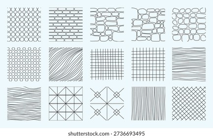 Landscape Architecture CAD Vector Patterns Set. Grass, Water, Stone, Wall, and Abstract Texture Elements