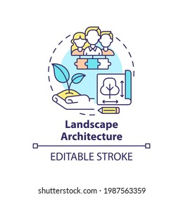 Landscape architecture concept icon. Co-design application field idea thin line illustration. Designing outdoor areas, landmarks. Vector isolated outline RGB color drawing. Editable stroke