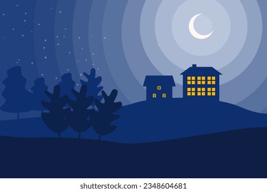 landscape and architecture in dark houses and forest. night sky with stars and moon clouds rising in the blue house. Vector of a crescent moon with stars on a cloudy night sky.