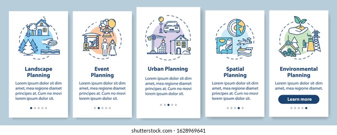 Landscape architecture onboarding mobile app page screen with concepts. Environmental planning walkthrough 5 steps graphic instructions. UI vector template with RGB color illustrations