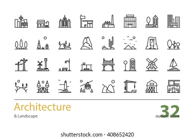 Landscape, Architecture outline colorless icons. Stock vector.