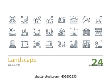 Landscape, Architecture Outline Icons. Line Art. Stock Vector.