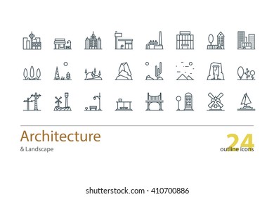 Landscape, Architecture Outline  Icons. Stock Vector.