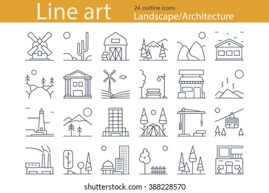 Landscape, Architecture Outline Icons, Thin Line. Stock Vector.