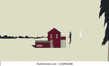 Landscape architecture, red building with shrub and pine trees, vintage style