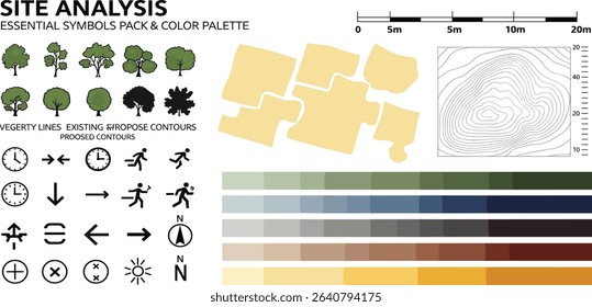 landscape architecture site analysis symbol icon element drawing graphic flat isolated vector. urban design element drawing