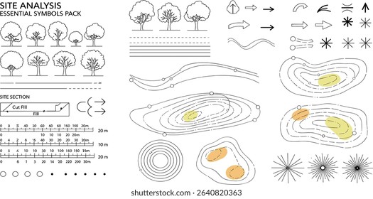 landscape architecture site analysis symbol icon element drawing graphic flat isolated vector. urban design element drawing