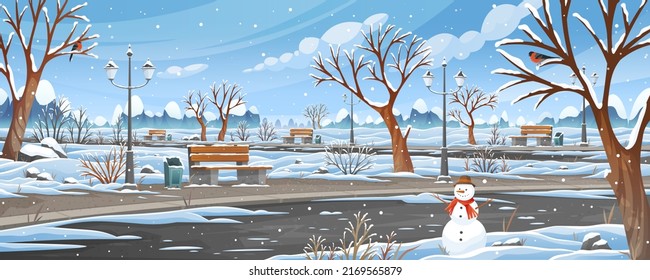 Landscape and architecture with snow and snowman. Park or garden with trees and benches in winter. Snowy day in city park, outdoor space. Cityscape in winter, cold season vector illustration