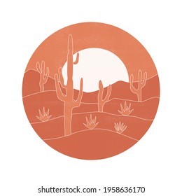 Landscape of Arizona with cactus, mountain and sun. Round logo with desert scenery vector template. Perfect for print, typography and apparel. 