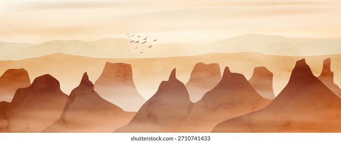 Landscape art background in brown tones with mountains, hills, and a canyon. Natural vector landscape for decor, prints, textiles, posters, wallpaper, and interior design.