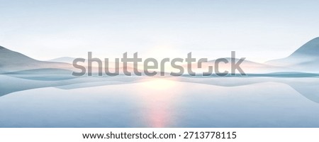 Landscape art background with cool-toned mountains and hills on a lake. A natural banner for decor, prints, wallpaper, posters, and interiors.