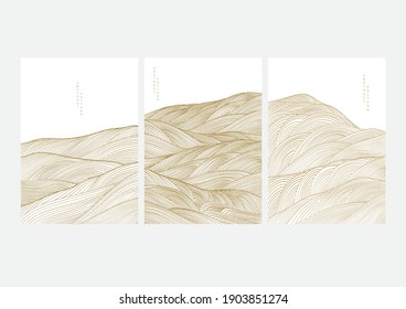 Landscape art background with Japanese wave pattern vector. Abstract template with line pattern. Mountain banner design in vintage style. 