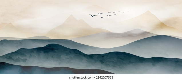 Paisaje artístico con montañas y colinas en colores azul y rosa. Banner de acuarela estilizada para decoración, diseño interior, embalaje