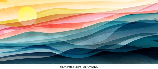Landscape art background with mountains and hills at sunset or sunrise in blue and pink. Hand drawn flowing ink banner for decor, print, wallpaper, interior design - Shutterstock ID 2172982129