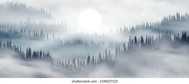 Landscape art background with mountains and hills and forest in the morning in blue tones. Hand drawn vector banner in watercolor style for wallpaper design, decor, print, textile, packaging.