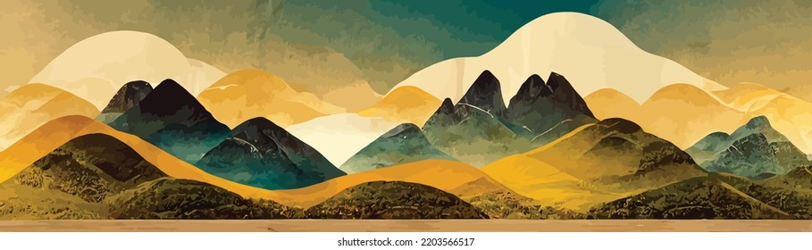 landscape art background with mountains hills and gold