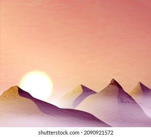 Landscape art background with mountains and sun at sunset or sunrise in fog. Watercolor poster in pink tones for interior design, wallpaper, print