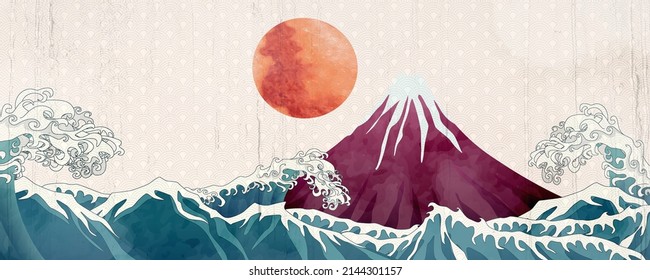 Landscape art background in oriental style with sea, mountain and sun. Japanese banner with Mount Fuji for interior design, decor, web